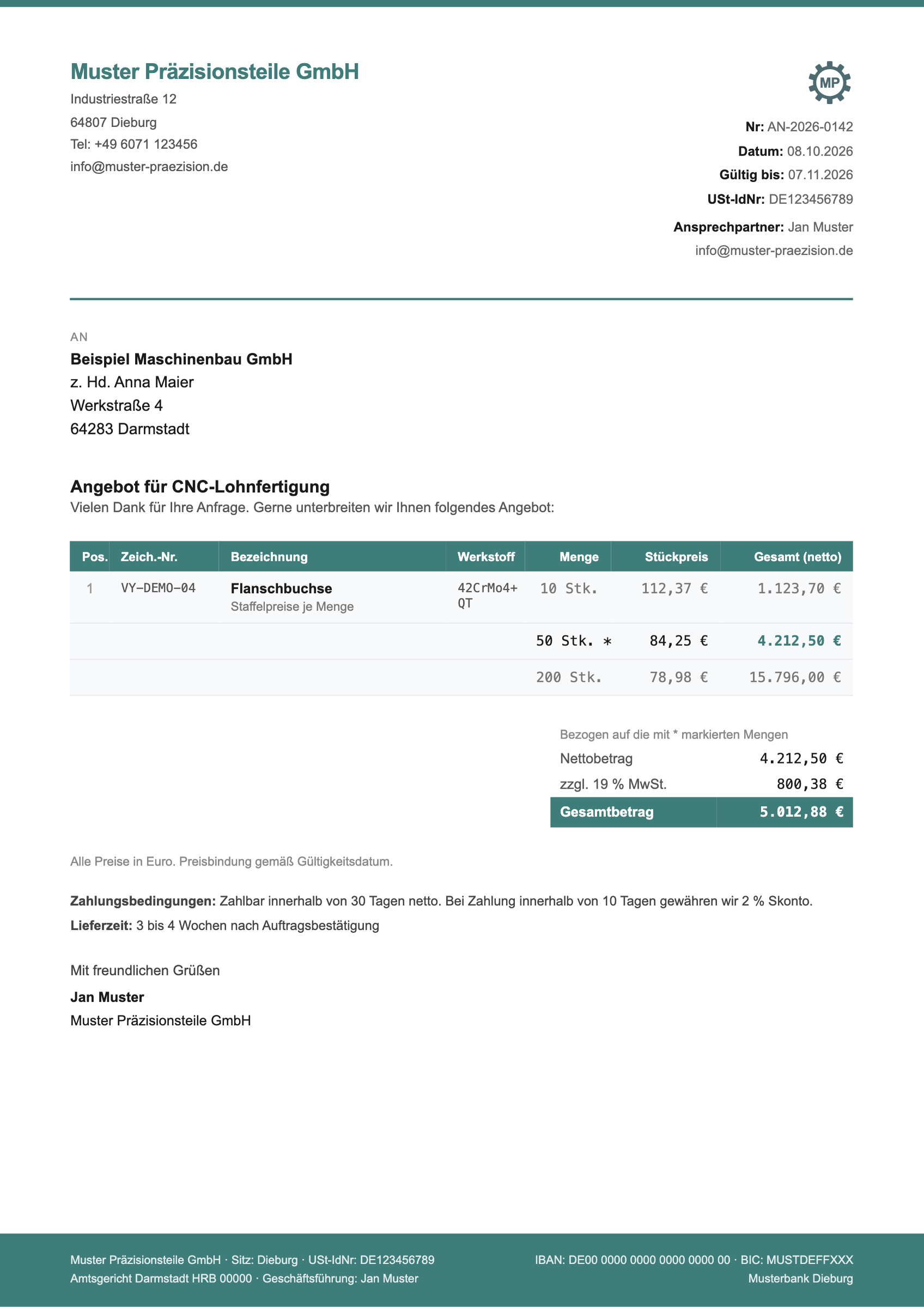 Angebots-PDF aus Vinyos Quote: Briefkopf mit Logo, Empfänger, Positionen mit Zeichnungsnummer, Werkstoff, Menge und Stückpreis, Summe mit Mehrwertsteuer und Konditionen